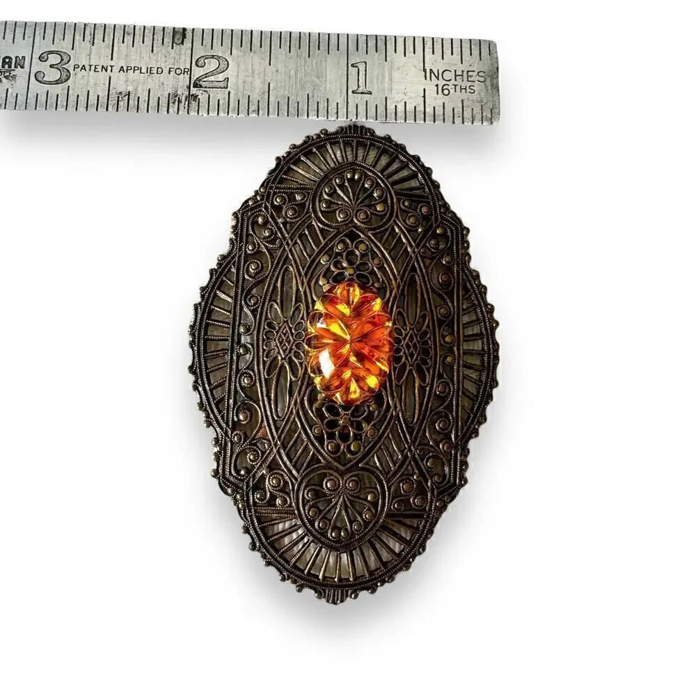 Vintage Large Filigree Faux Citrine Brooch Repaired Clasp 1930’s Art Deco